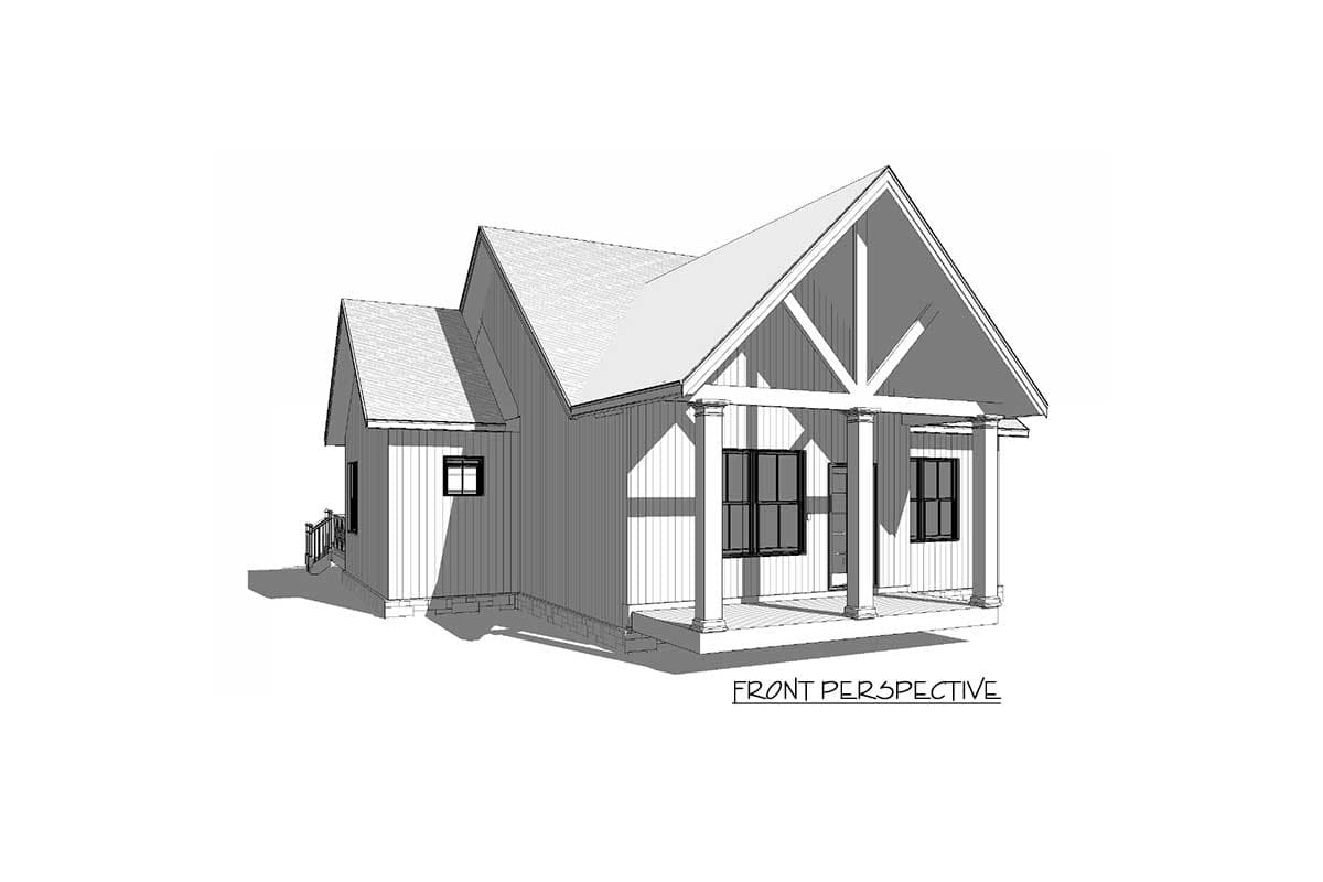 House plan exterior, Craftsman style, two stories, gabled roof, covered front porch with columns, and decorative gable brackets.