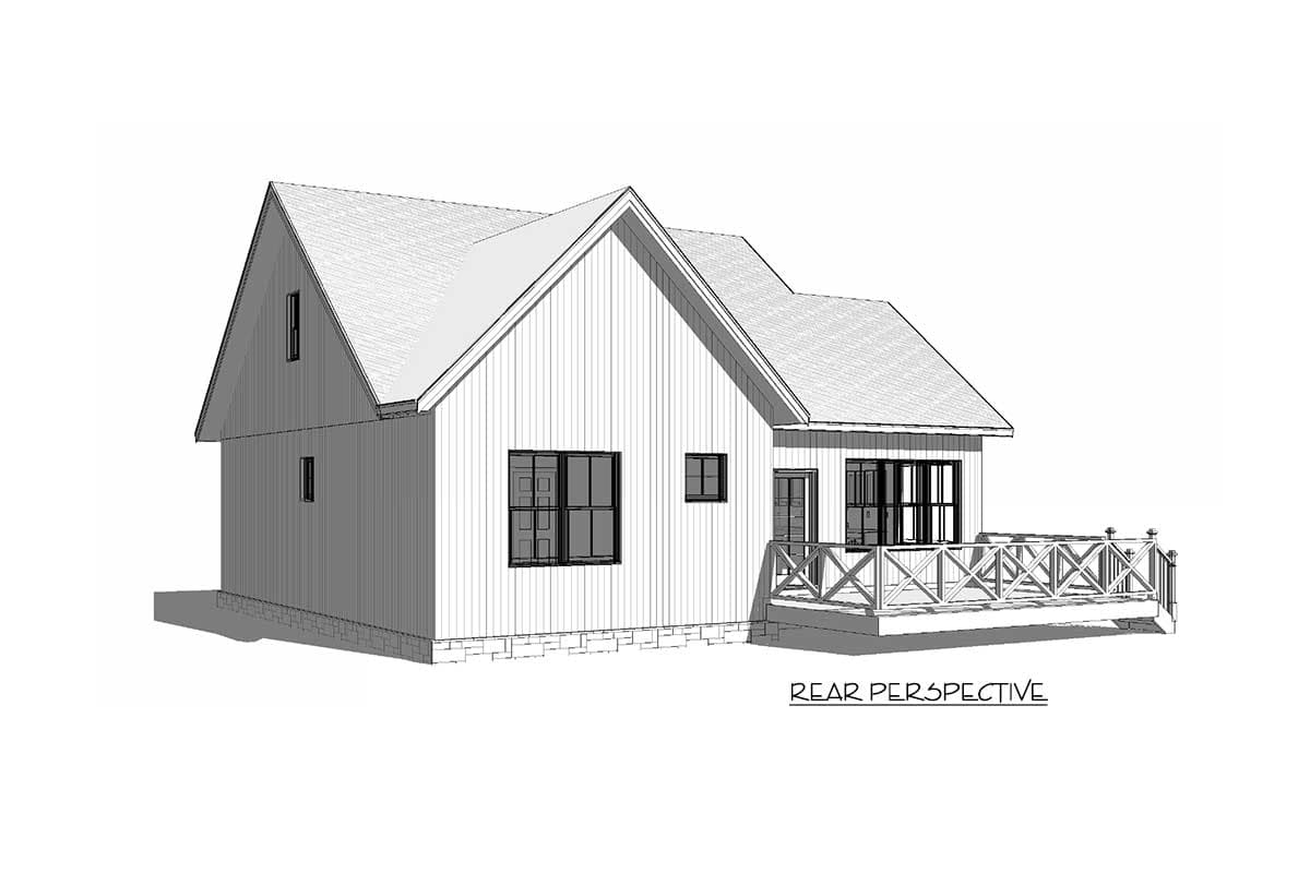 House plan exterior, rear perspective. Modern farmhouse style with gable roof, vertical siding, and X-braced deck railing.