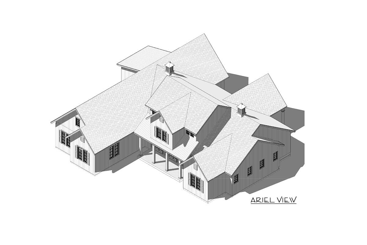 House plan exterior drawing of a two-story Modern Farmhouse with a covered porch, multiple gables, and a standing seam roof.