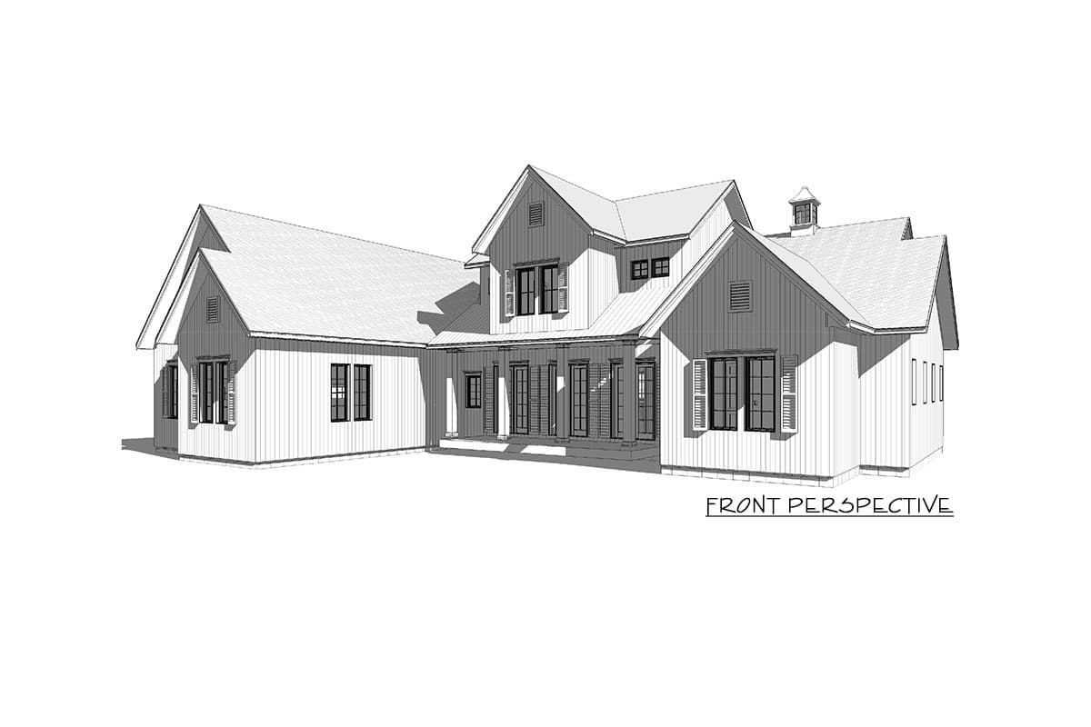 Front perspective of a two-story house plan with gables, dormers, shutters, and a covered porch supported by columns.