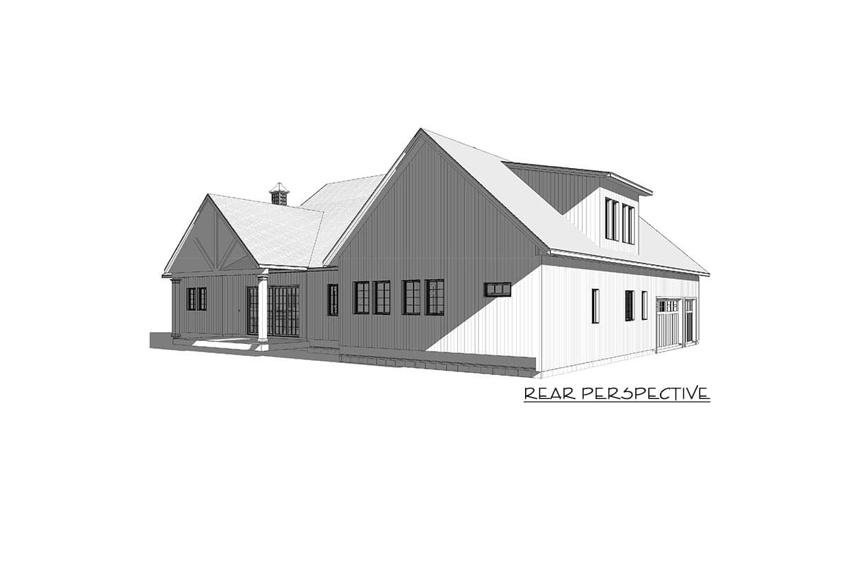 Rear perspective of a two-story house plan with a covered porch, gabled roof, dormer windows, and vertical siding.