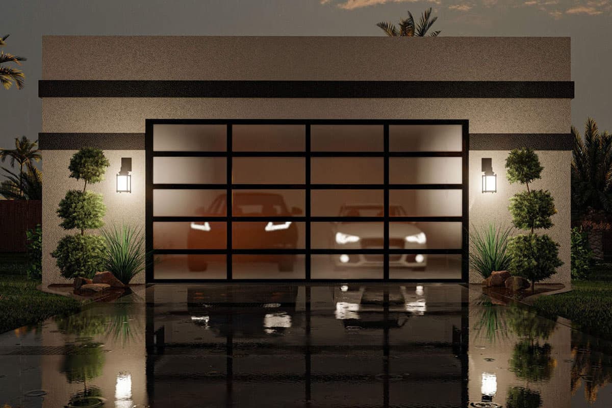 Modern house exterior with a three-car garage featuring glass panels and exterior sconces.