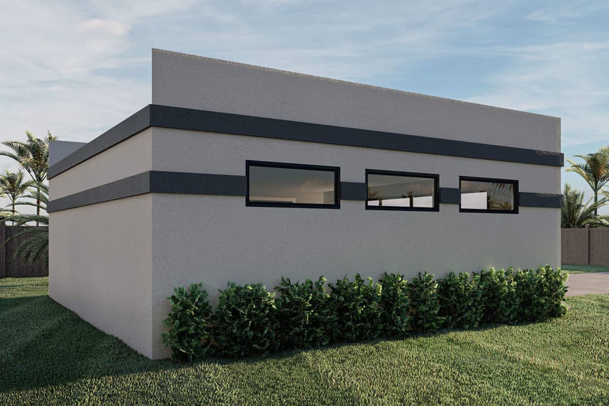 Modern single-story house plan exterior with stucco finish, band detailing, and horizontal band windows.