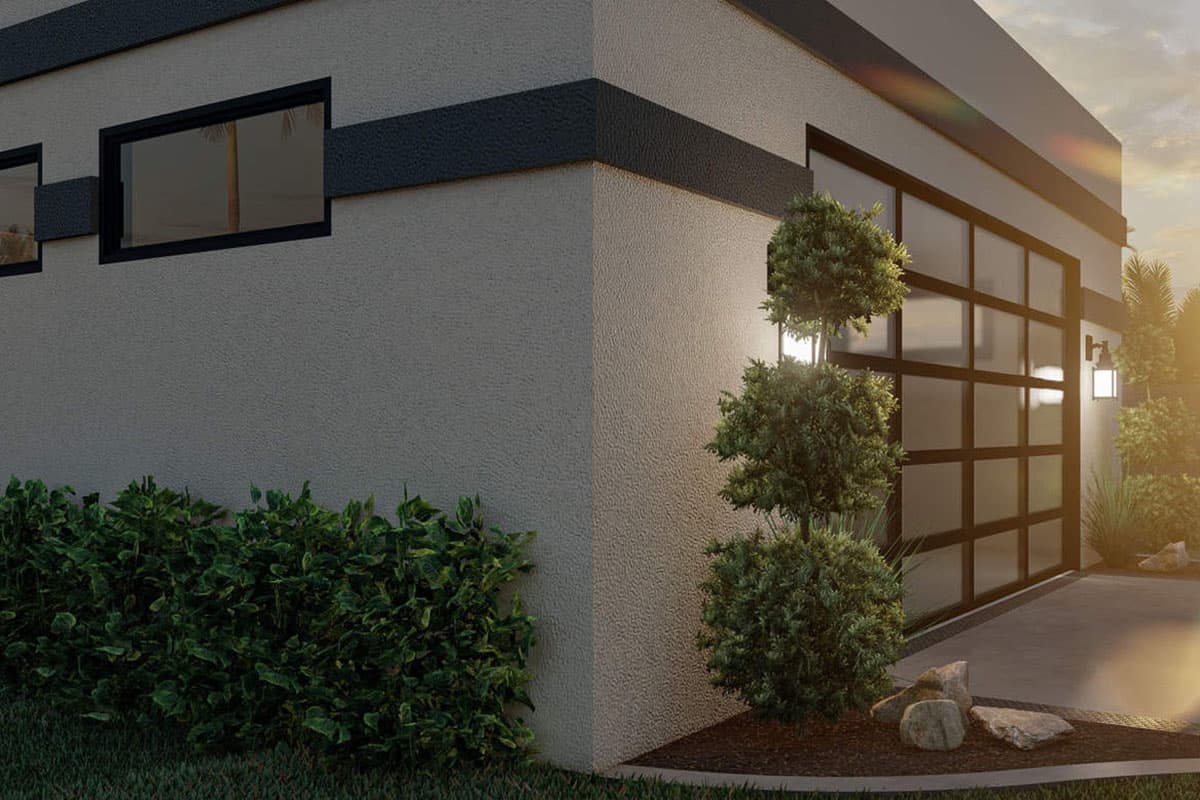 Modern house plan exterior with stucco finish, horizontal banding, and a glass garage door.