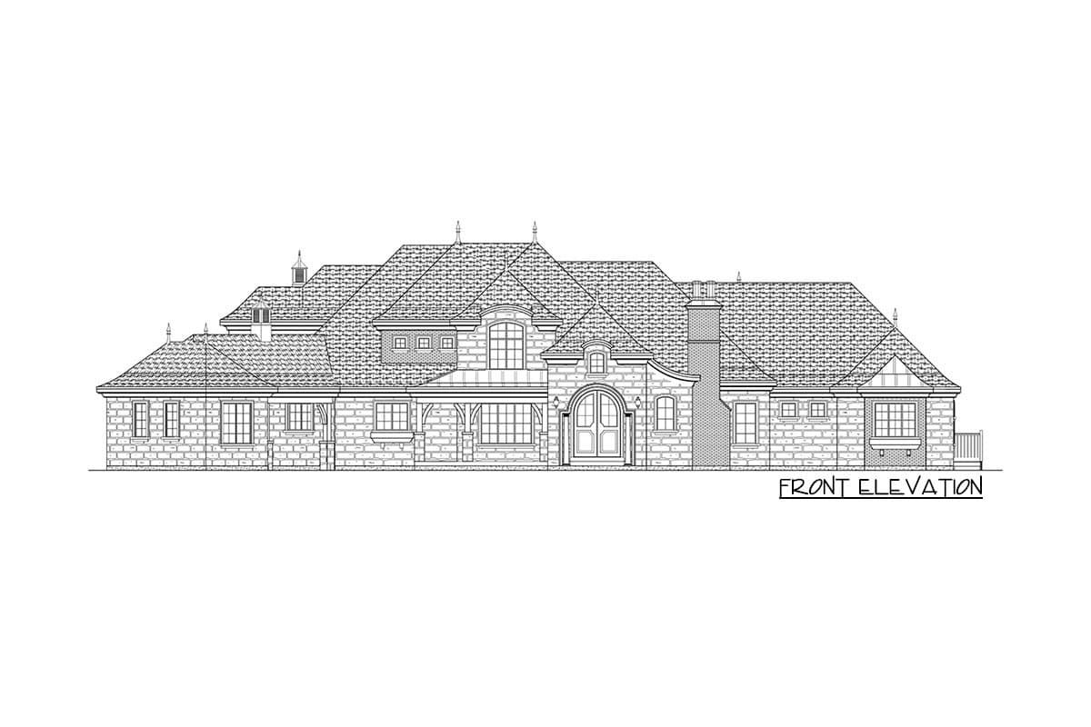 Front elevation house plan with detailed rooflines, arched entryway, large windows, and stone facade.