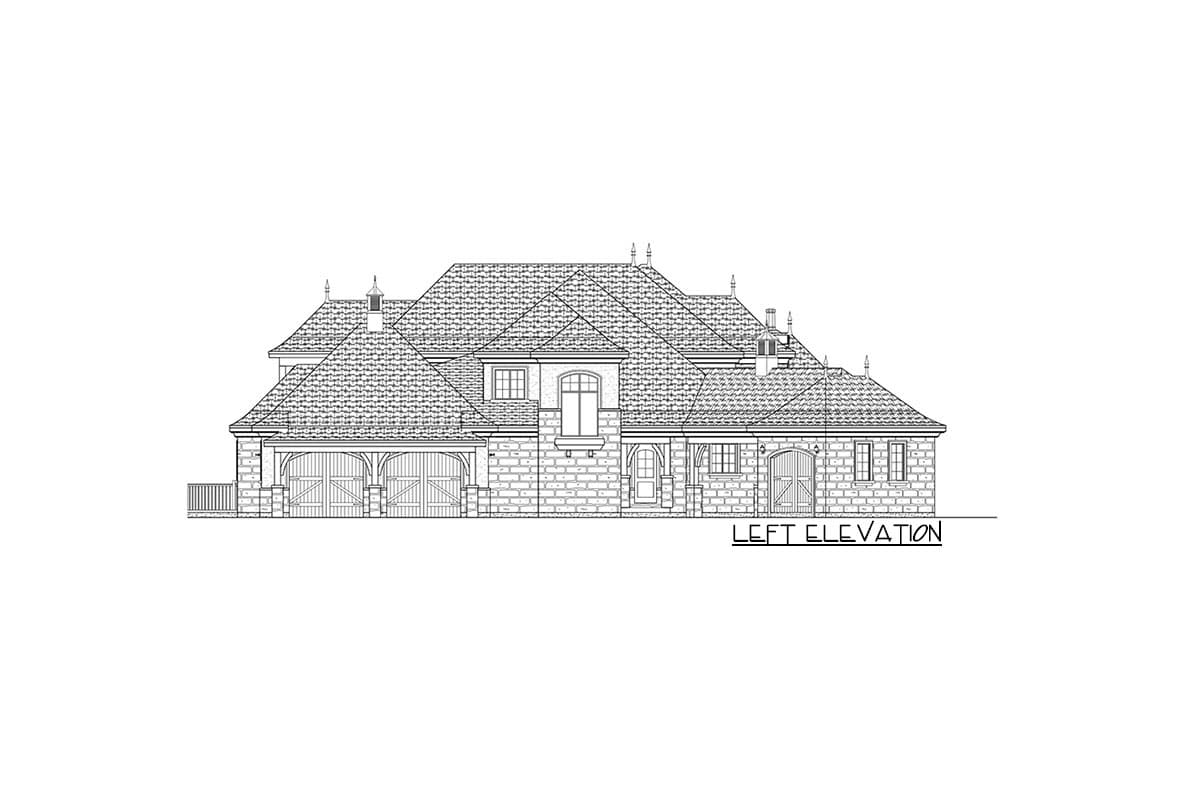 Left elevation drawing of a two-story house plan with a multi-gabled roof, stone facade, and three garage doors.