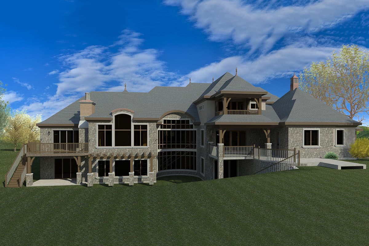 House plan exterior showing a multi-story home with stone facade, multiple gables, covered balconies, and large window sections.