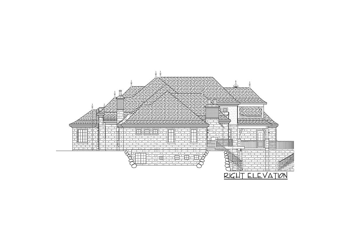 Right elevation drawing of a house plan showing multiple gables, chimneys, and a covered balcony.