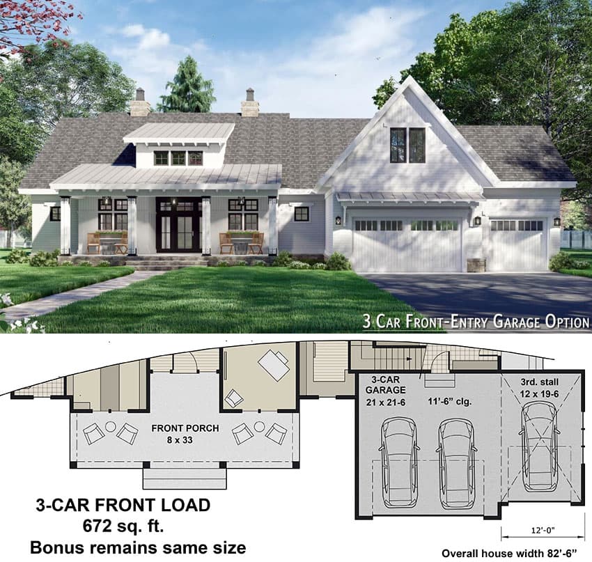 Plan 14692RK: Attractive 3-Bed Modern Farmhouse Plan with Home Office - 2385 Sq Ft - Floor Plan - Optional 3-Car Front Load - Country, Farmhouse, Modern Farmhouse, Southern