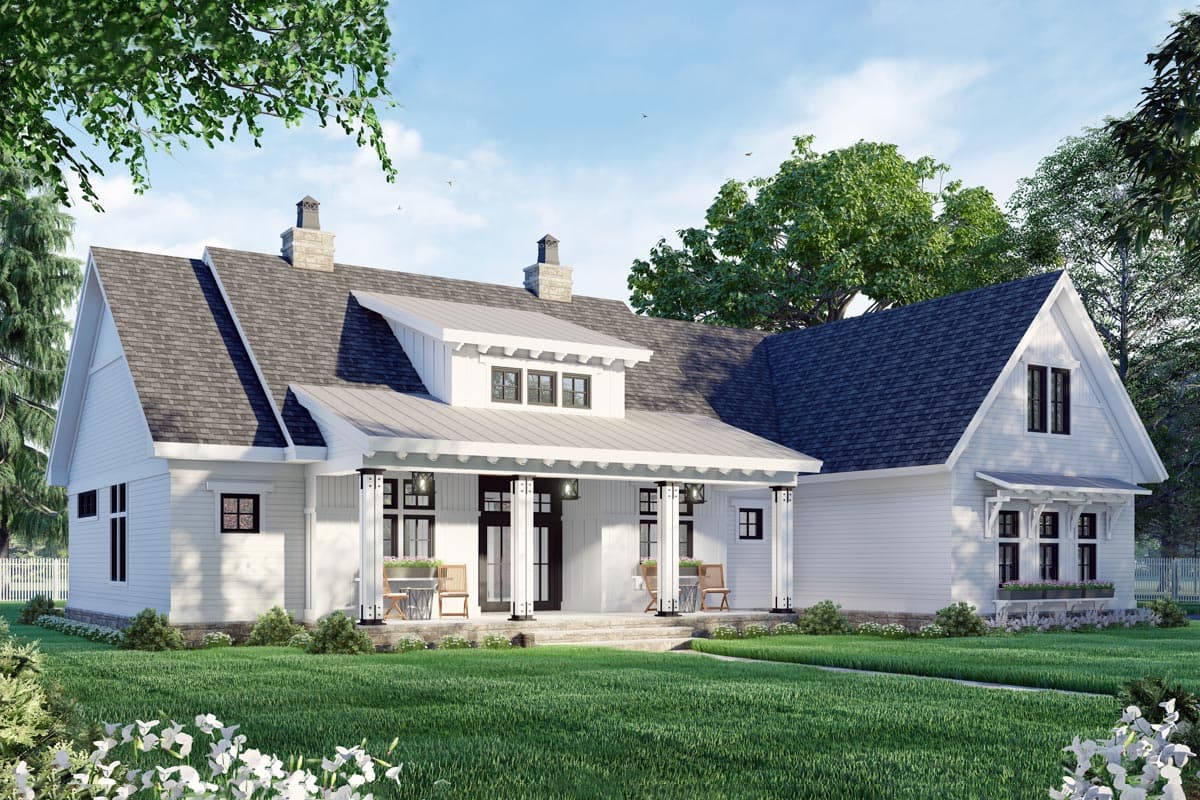 House plan exterior. Two-story Modern Farmhouse with a gabled roof, dormers, and a covered porch supported by columns. The home has a white exterior.