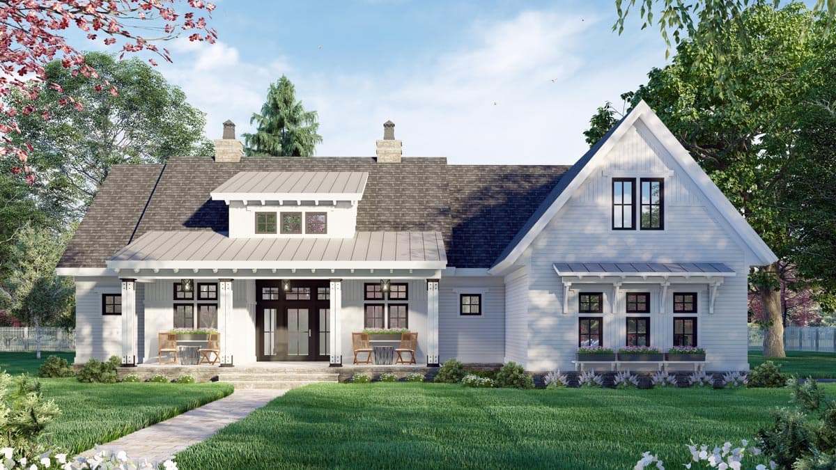 Modern farmhouse house plan exterior with a large front porch, gables, dormers, and stone chimneys.