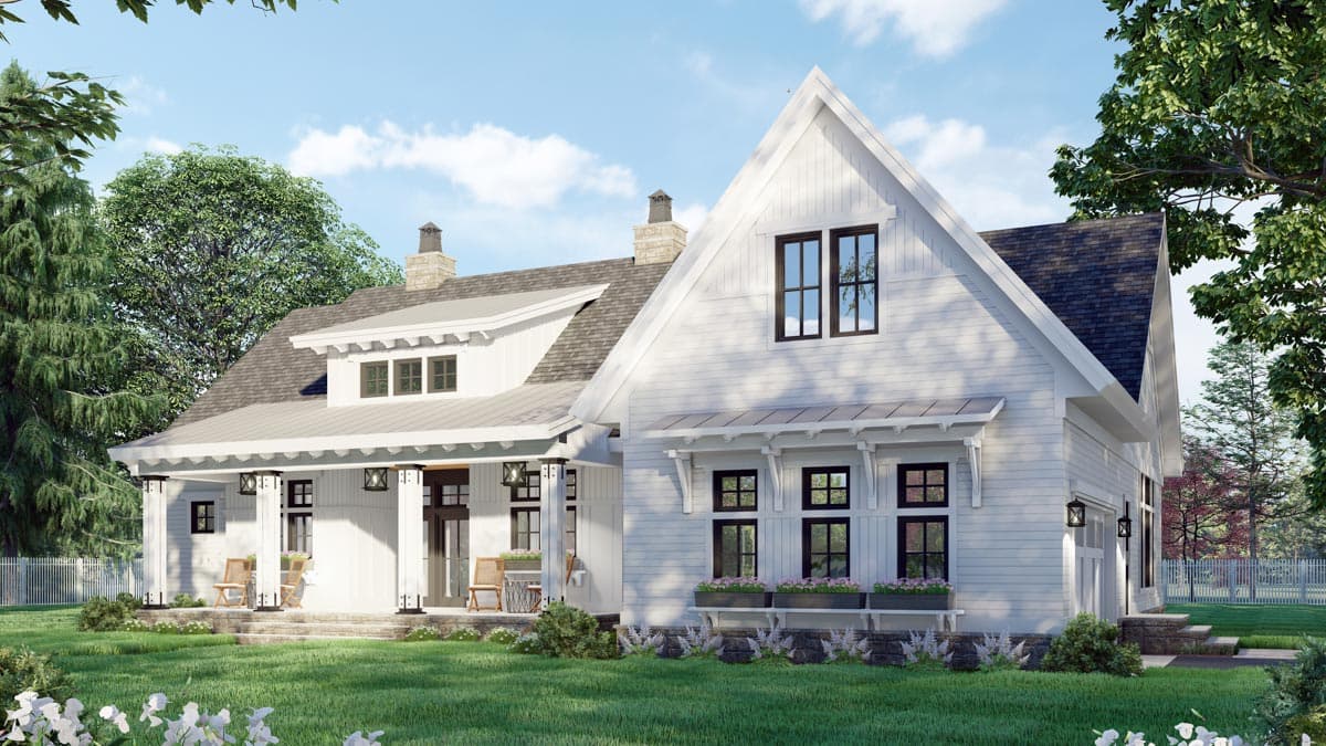 Modern Farmhouse house plan exterior with a wraparound porch, gables, dormers, and stone foundation.