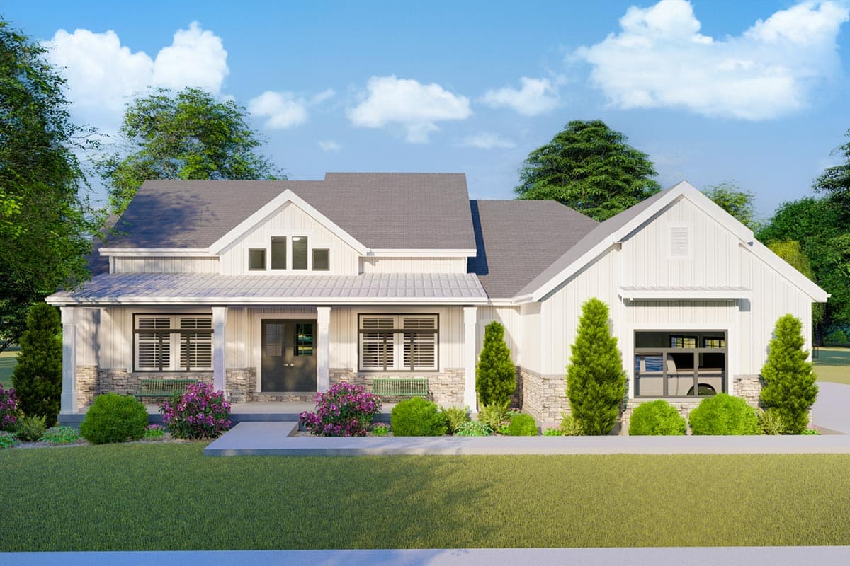 House plan exterior with Craftsman style. Features include a front porch with columns, a gable, and a stone facade. Single story.