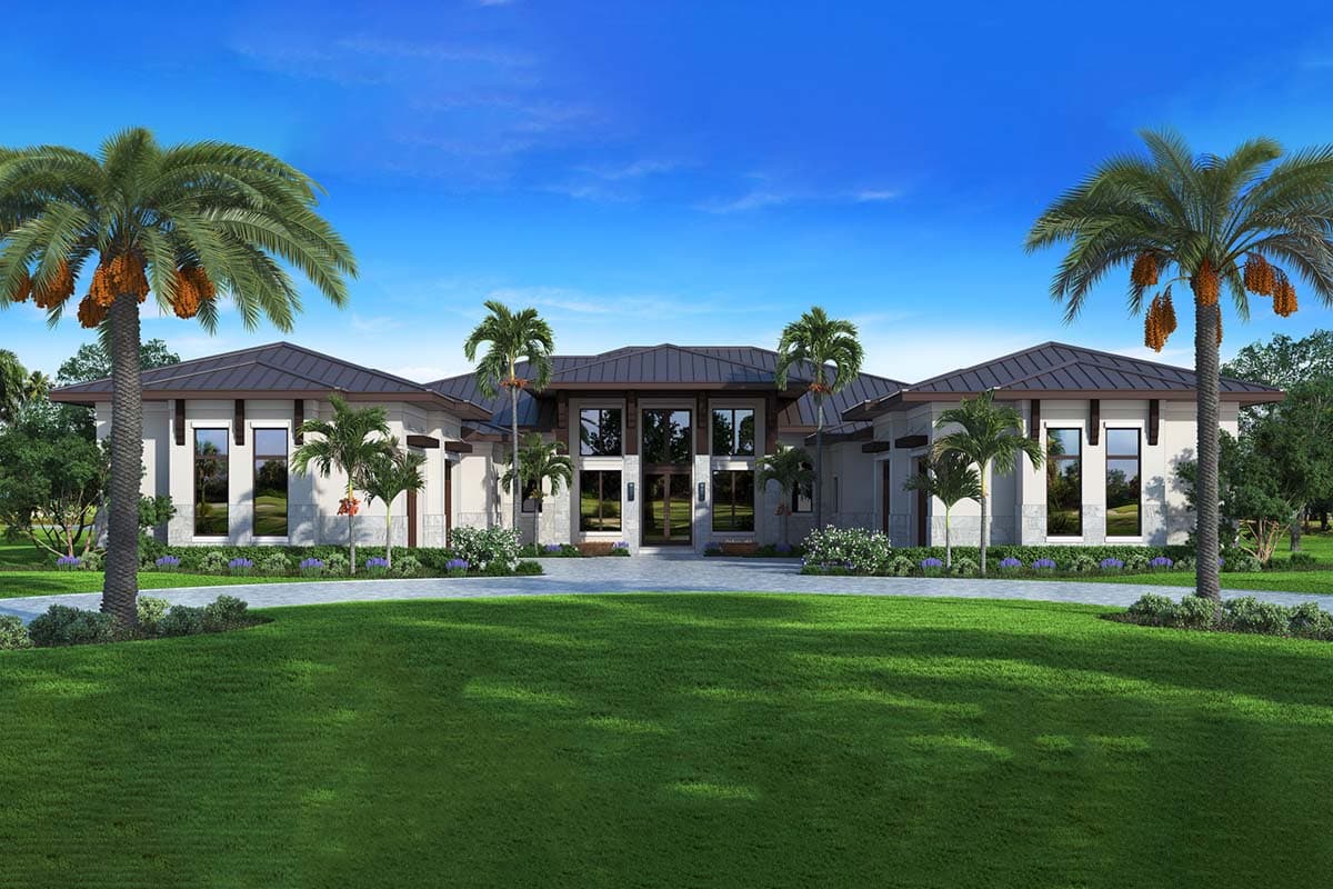 House plan exterior with modern design. Features include a symmetrical facade, flat roof with dark trim, and large windows. The home has palm trees.