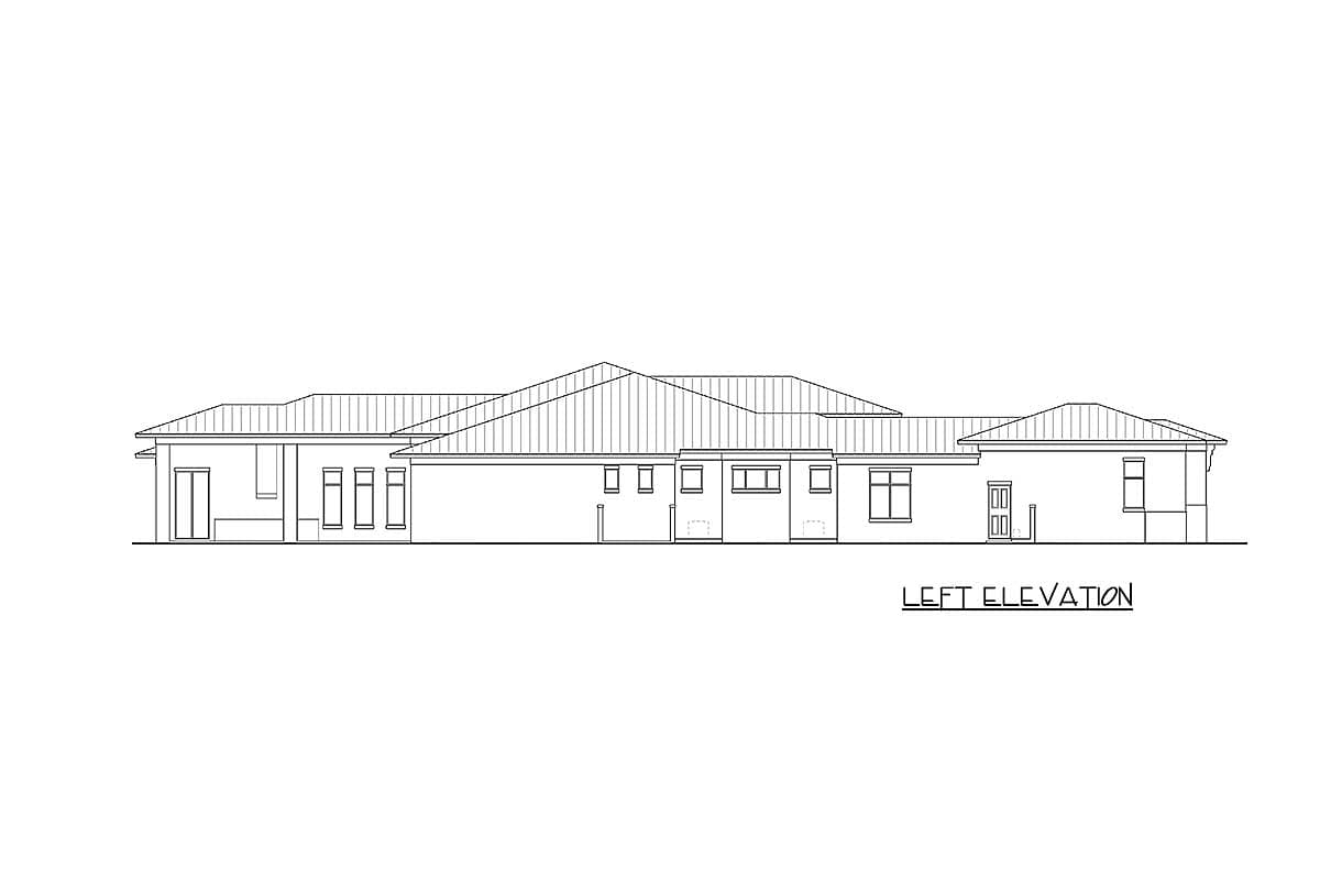 Left elevation drawing of a single-story house with multiple gabled roof sections and various window configurations.