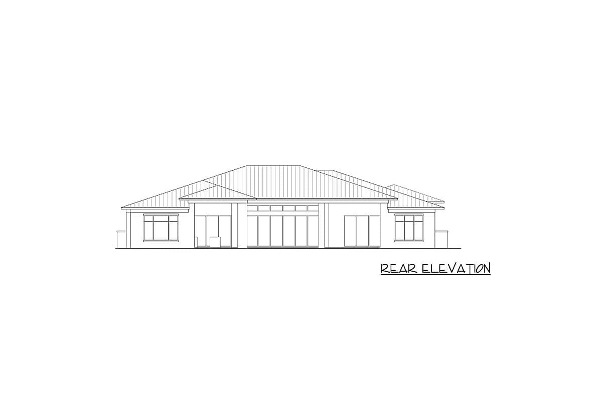 Rear elevation drawing of a single-story house with a hip roof, large sliding glass doors, and multiple windows.