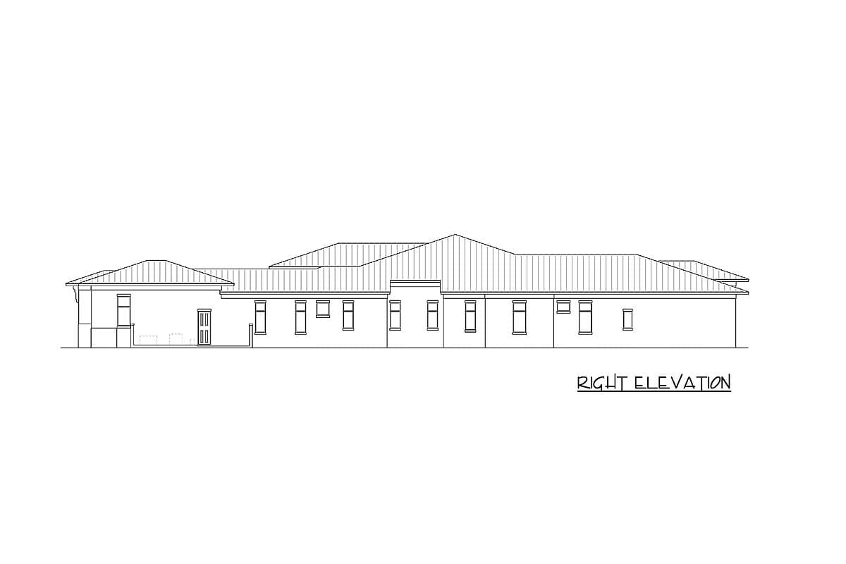 Right elevation drawing of a single-story house with a hip roof, multiple gables, a prominent entry door, and many windows.