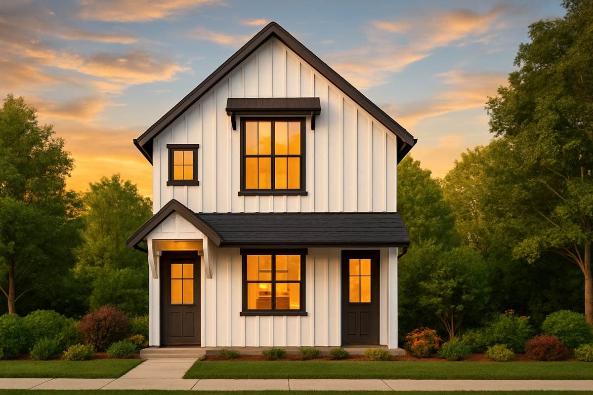 House plan exterior. Two-story Modern Farmhouse with board and batten siding, gables, and a shed-roof porch. Black trim frames windows and doors.