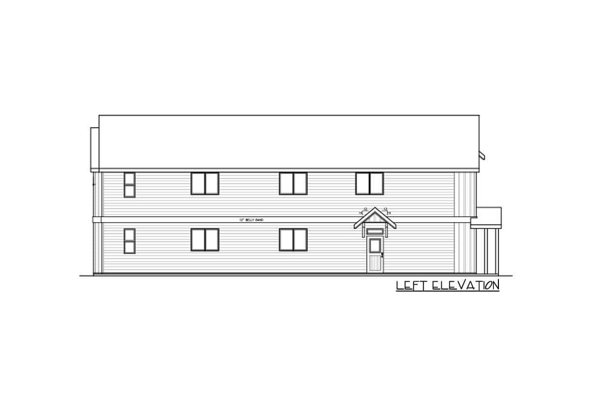 Left elevation drawing of a two-story house plan with multiple windows and a covered entrance.