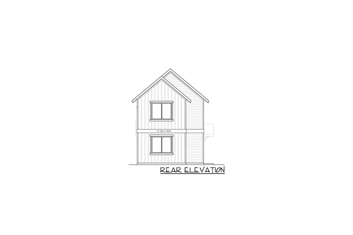 Rear elevation drawing of a two-story house plan with a gabled roof and two windows per floor, separated by a belly band.