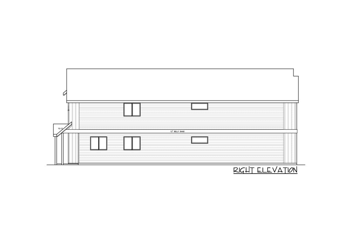 House plan right elevation for a two-story home with horizontal siding, a belly band, and multiple windows.