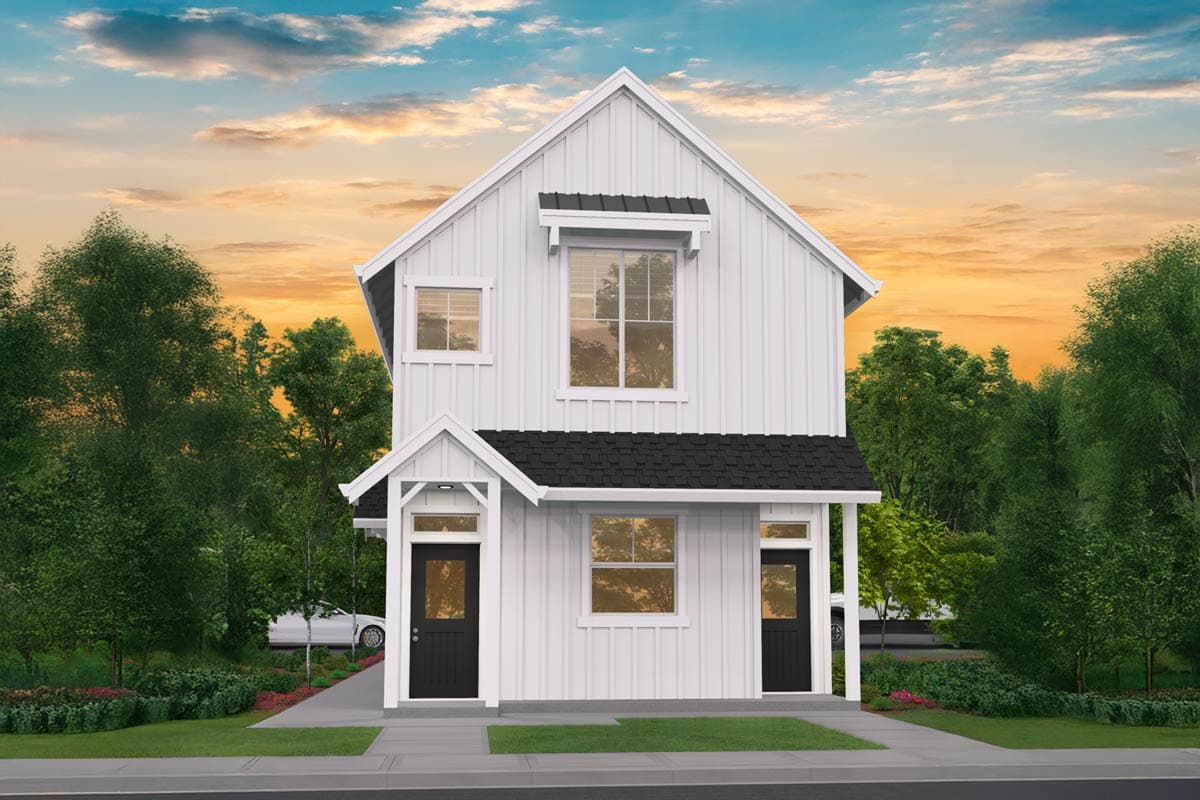 Modern Farmhouse house plan exterior, two stories, board-and-batten siding, gable roof, two front doors, and a dormer window.