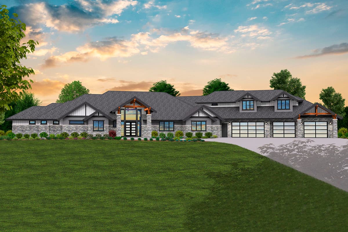 House plan exterior with Craftsman style. Features include multiple gables, stone veneer, and a three-car garage. Single story.