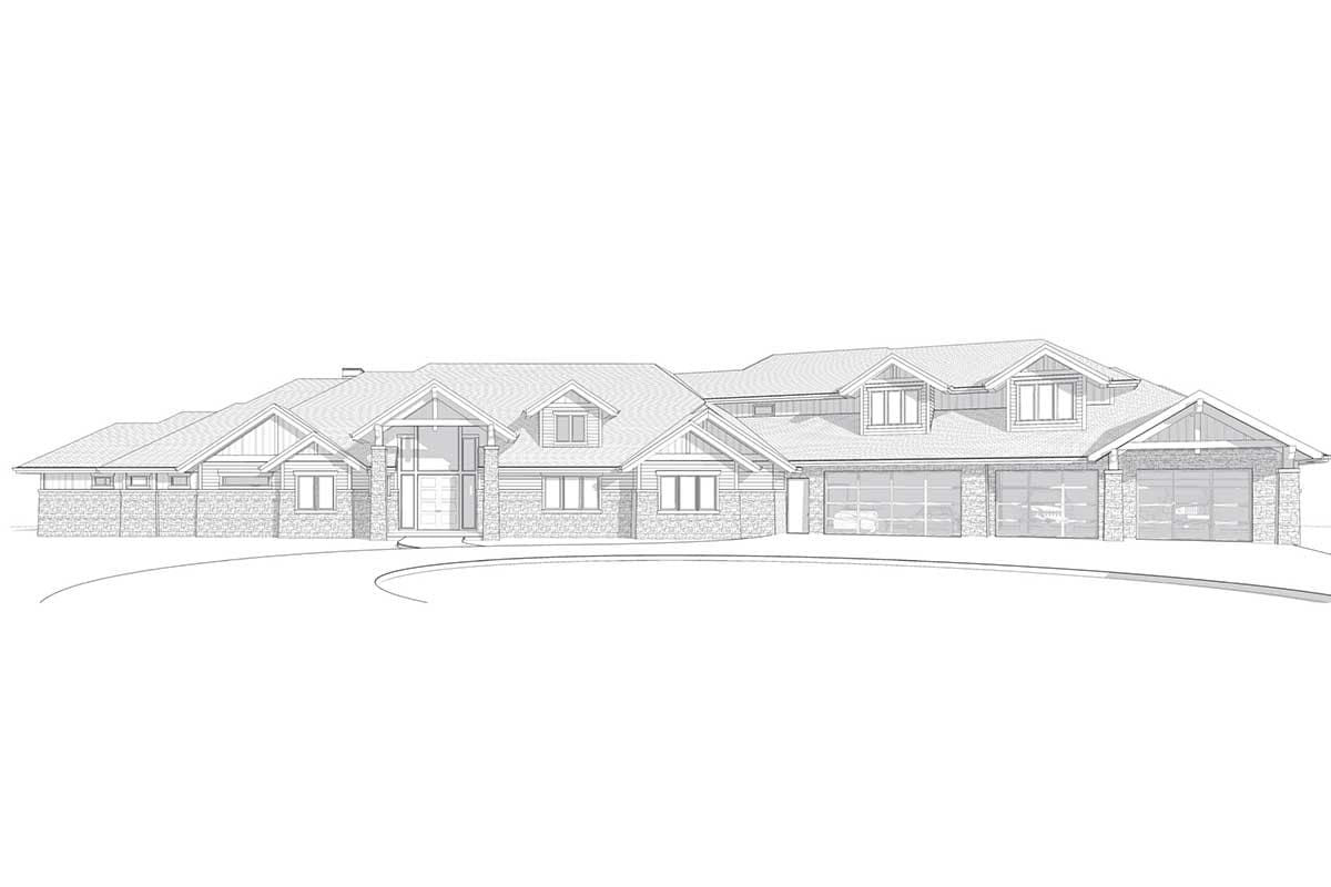 House plan exterior: Ranch style, split-level with a prominent glass entryway, multiple gables, and a four-car garage with glass doors.