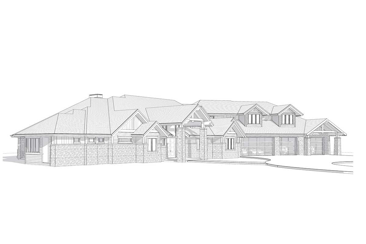 House plan exterior with stone accents, prominent gables, dormers, and a three-car garage.