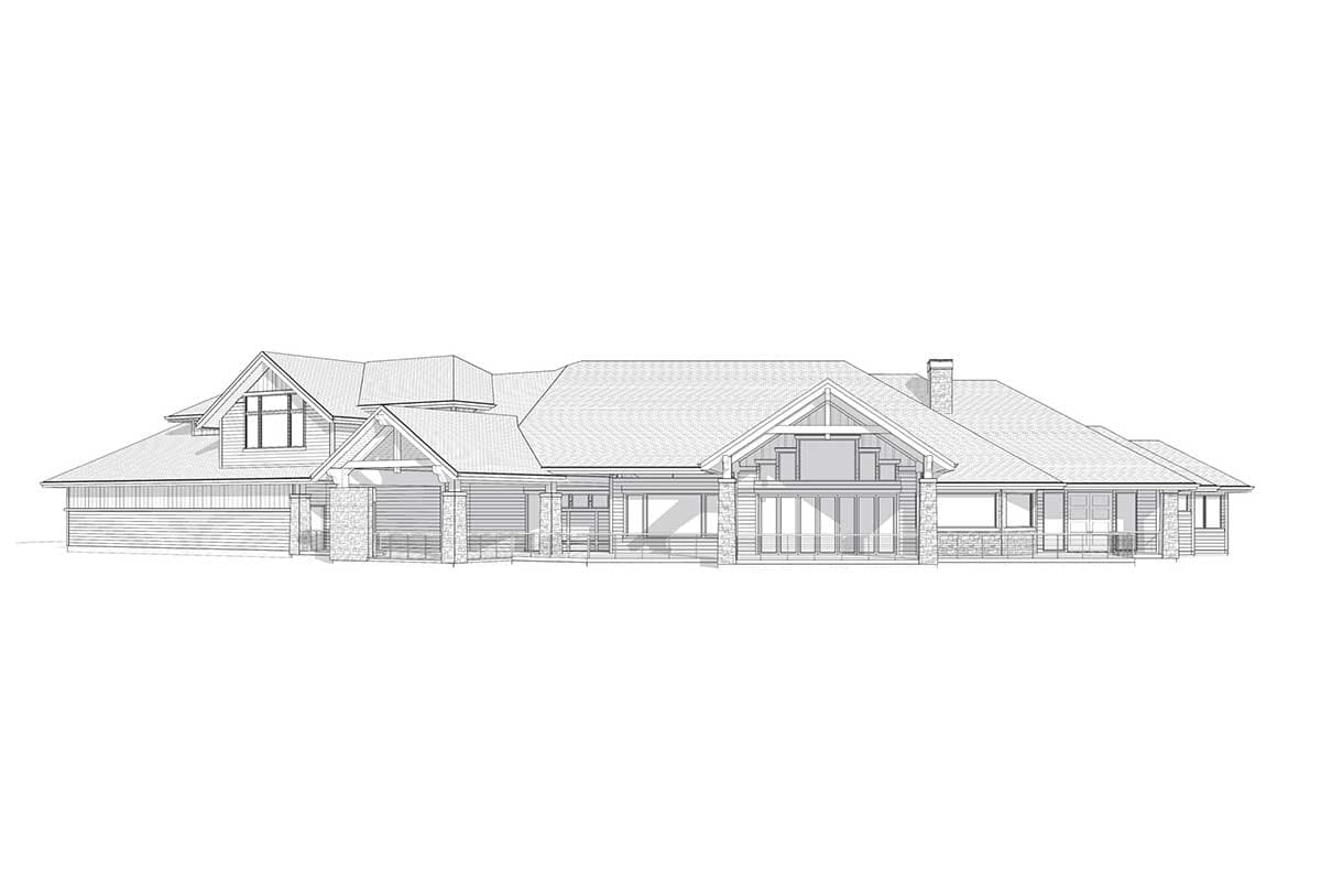 House plan exterior: Ranch-style home with stone accents, covered entry, multiple gables, and large windows.