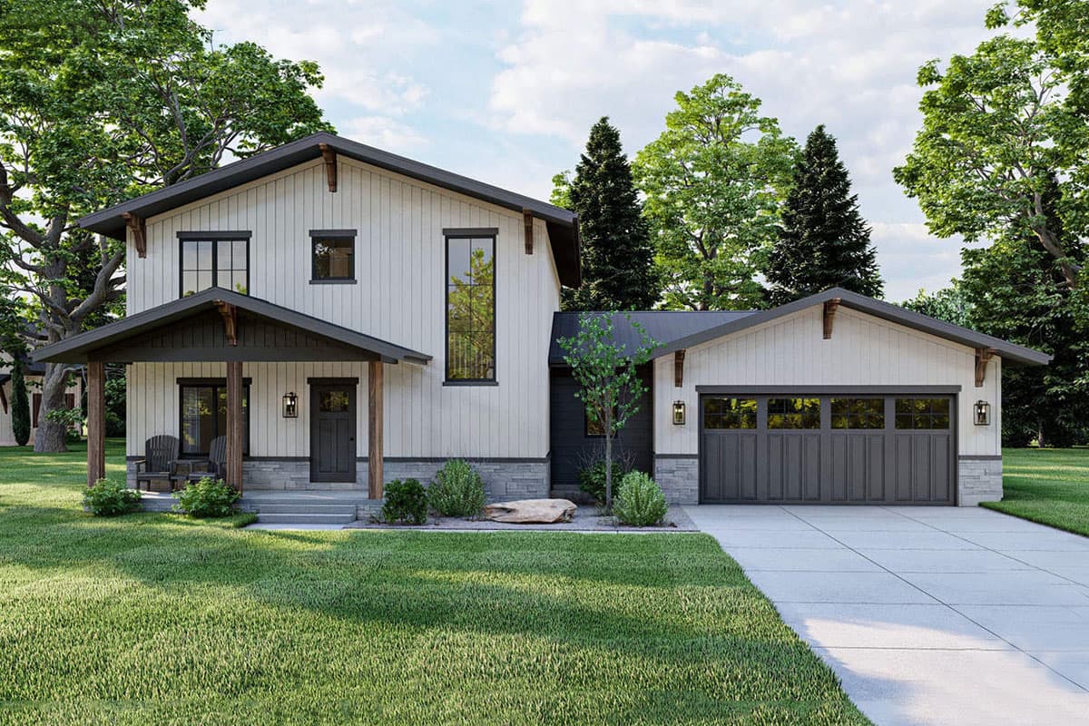 House plan exterior. Two-story home with a porch, gabled roof, and garage. Features include board and batten siding and exposed rafter tails.
