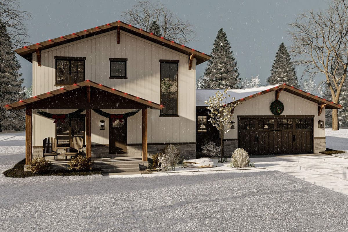 Modern Farmhouse house plan exterior with covered porch, board and batten siding, stone accents, and attached garage.