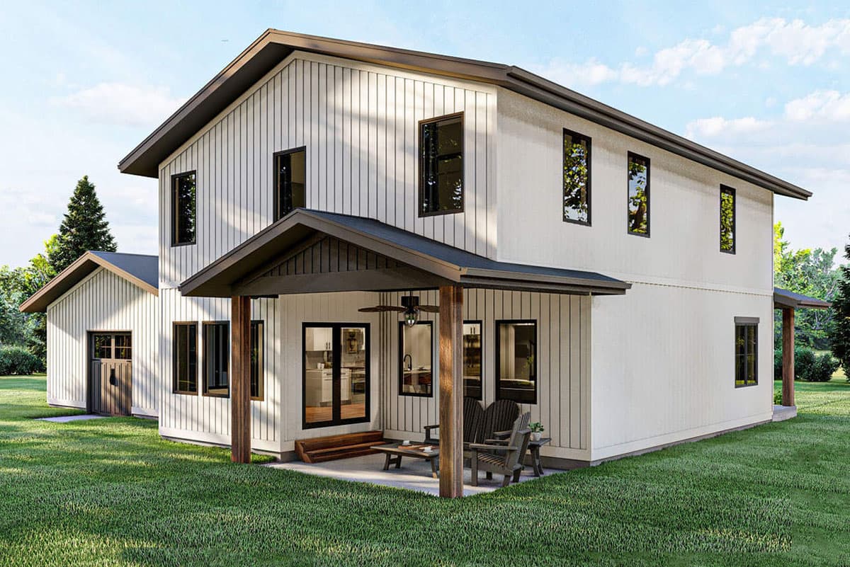 Modern Farmhouse style house plan exterior. Two stories, vertical siding, gable roof, covered porch with seating, and attached garage.