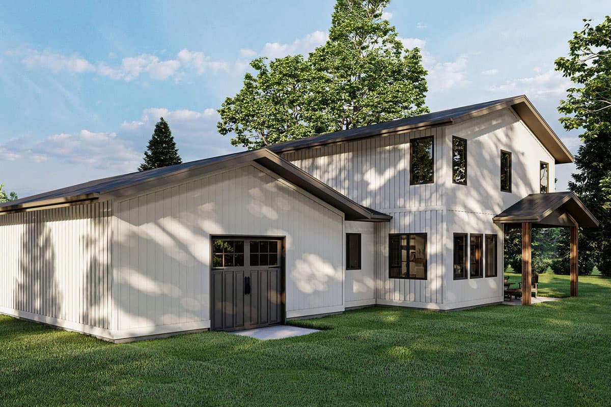 Modern farmhouse house plan exterior with vertical siding, a two-story main structure, and an attached garage.