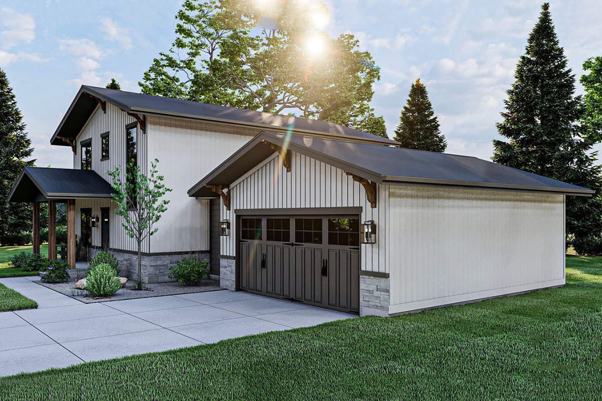 Modern Farmhouse style house plan exterior with covered front porch, vertical siding, stone accents, and a two-car garage.