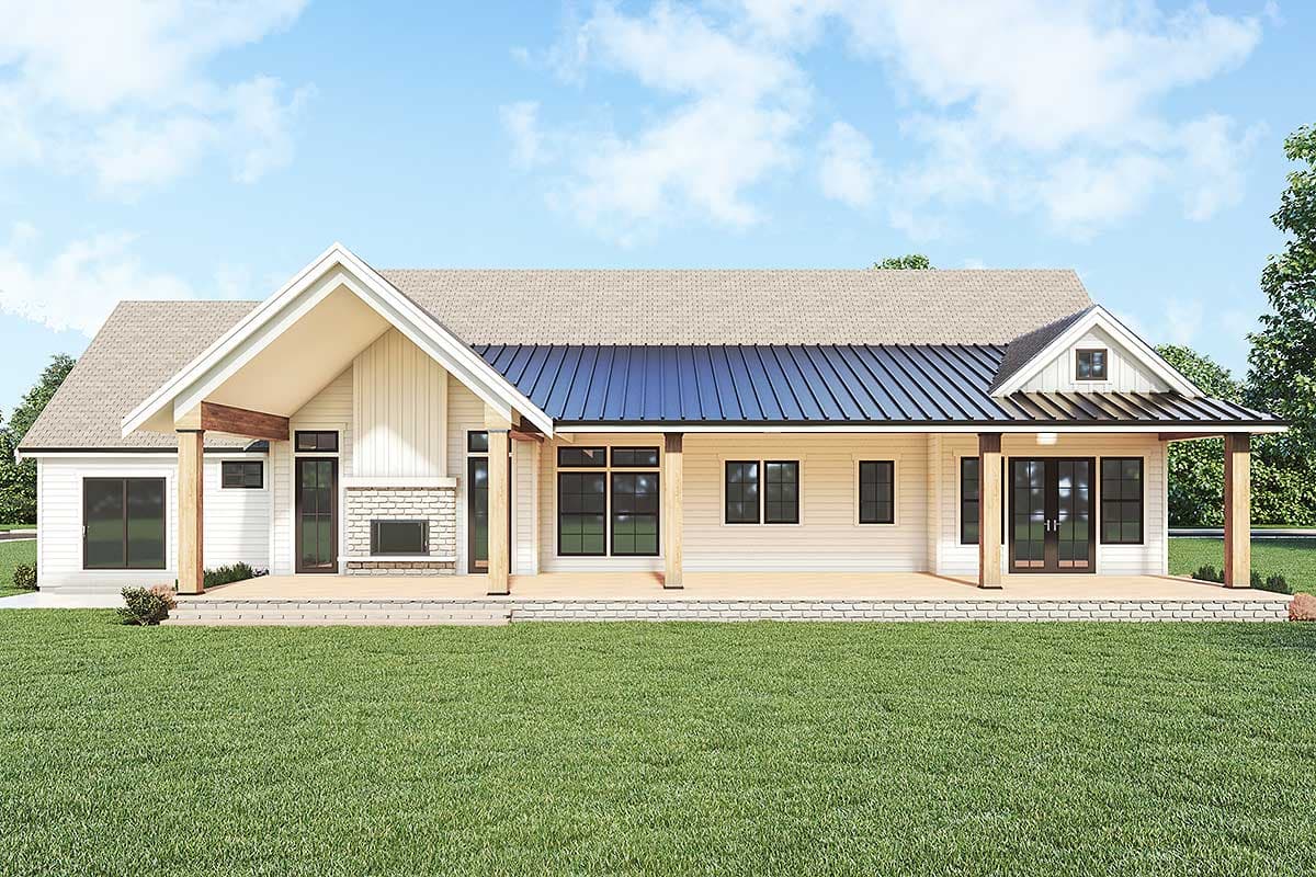 House plan exterior: Modern Farmhouse style, single story, with a covered porch, gables, and stone chimney.
