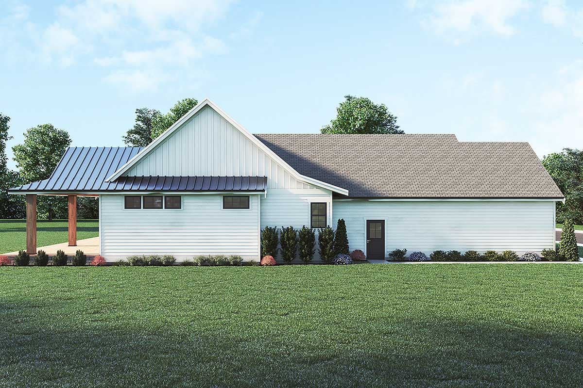 House plan exterior view showing a Modern Farmhouse style home with a covered porch, metal roof accents, and horizontal siding.