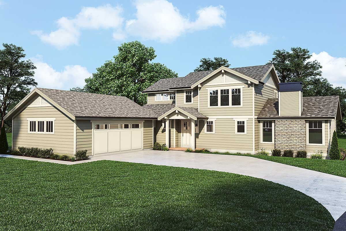 House plan exterior: Two-story home with attached garage, prominent gables, covered entry porch, and stone chimney.