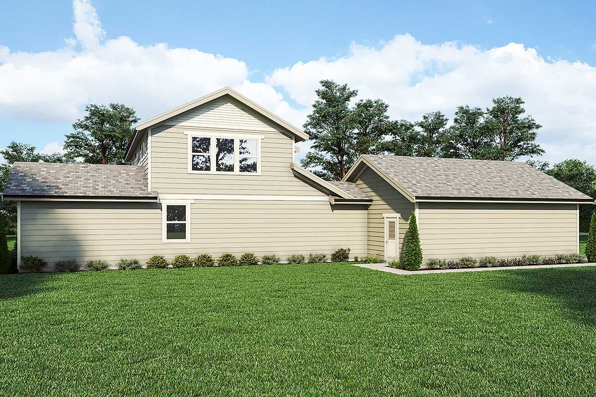 House plan exterior of two-story home with gable rooflines, horizontal siding, and attached garage.
