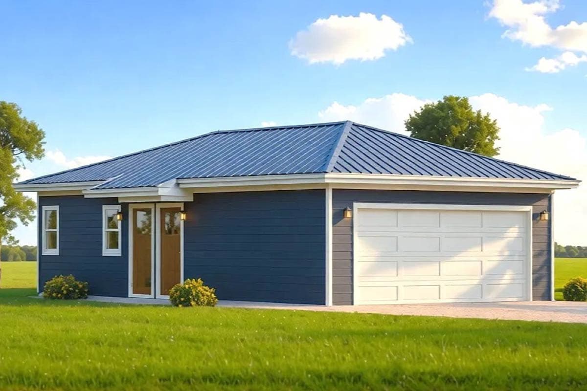 House plan exterior with a single story, a metal roof, and an attached garage. Features include a front entry with double doors.