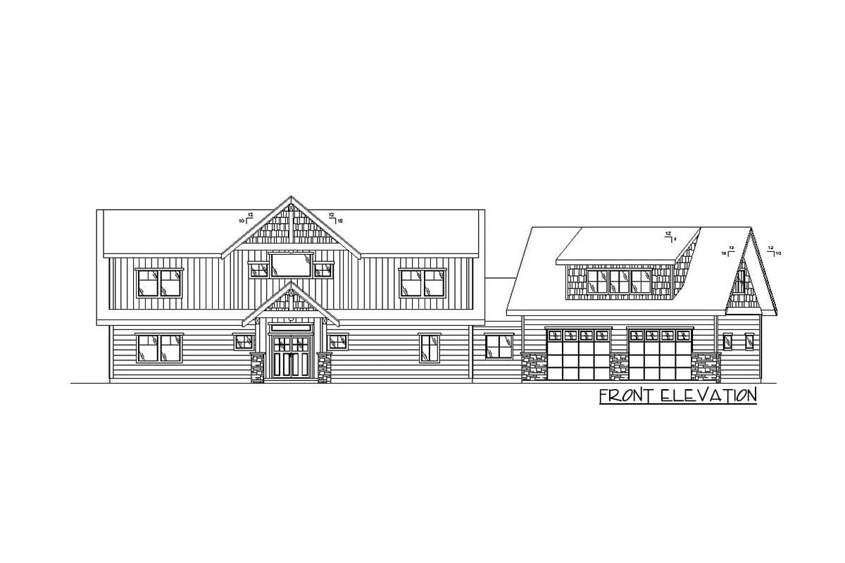 Front elevation drawing of a two-story house plan with attached two-car garage, gabled dormers, and stone accents.