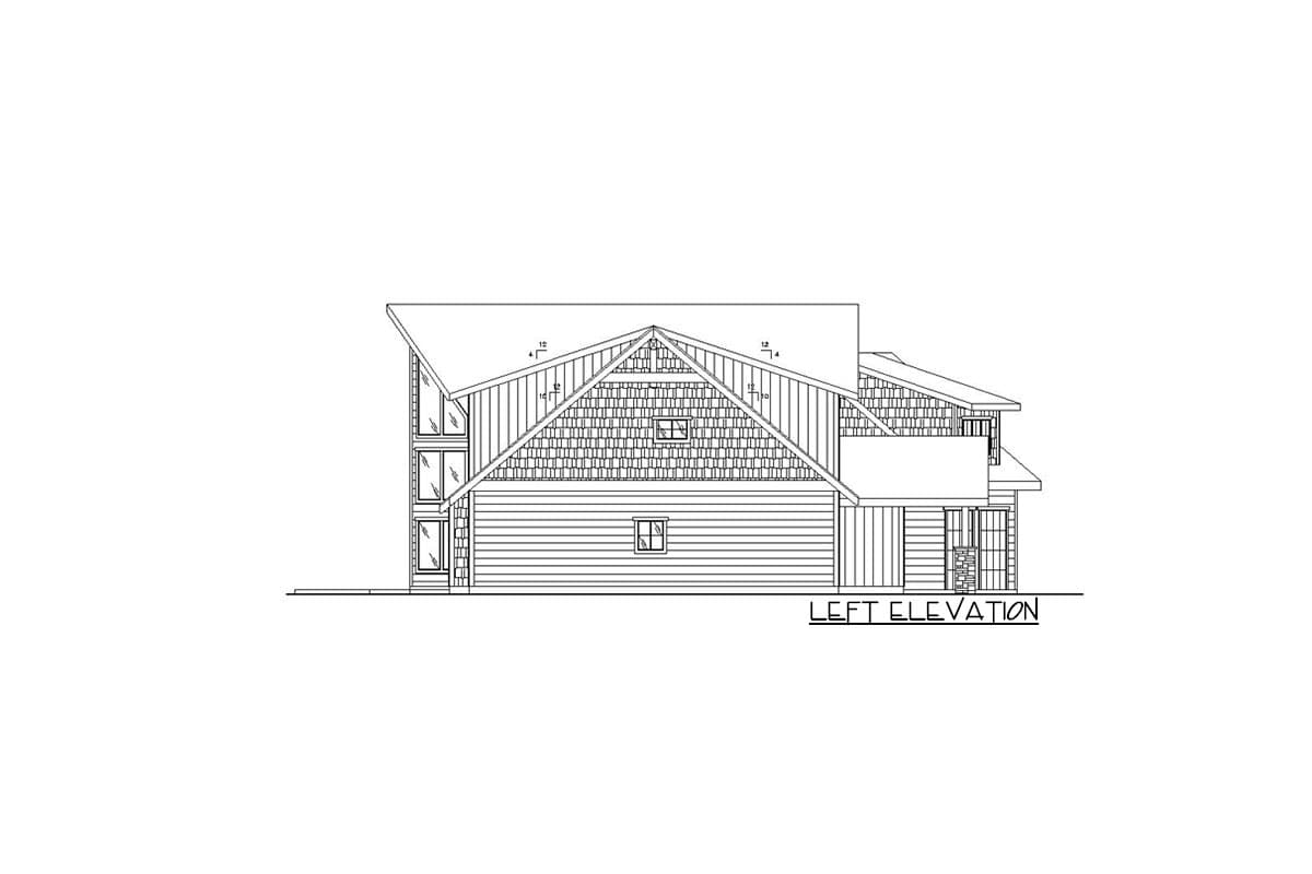 Left elevation of a two-story house plan with gables, varied rooflines, stacked windows, and horizontal siding.