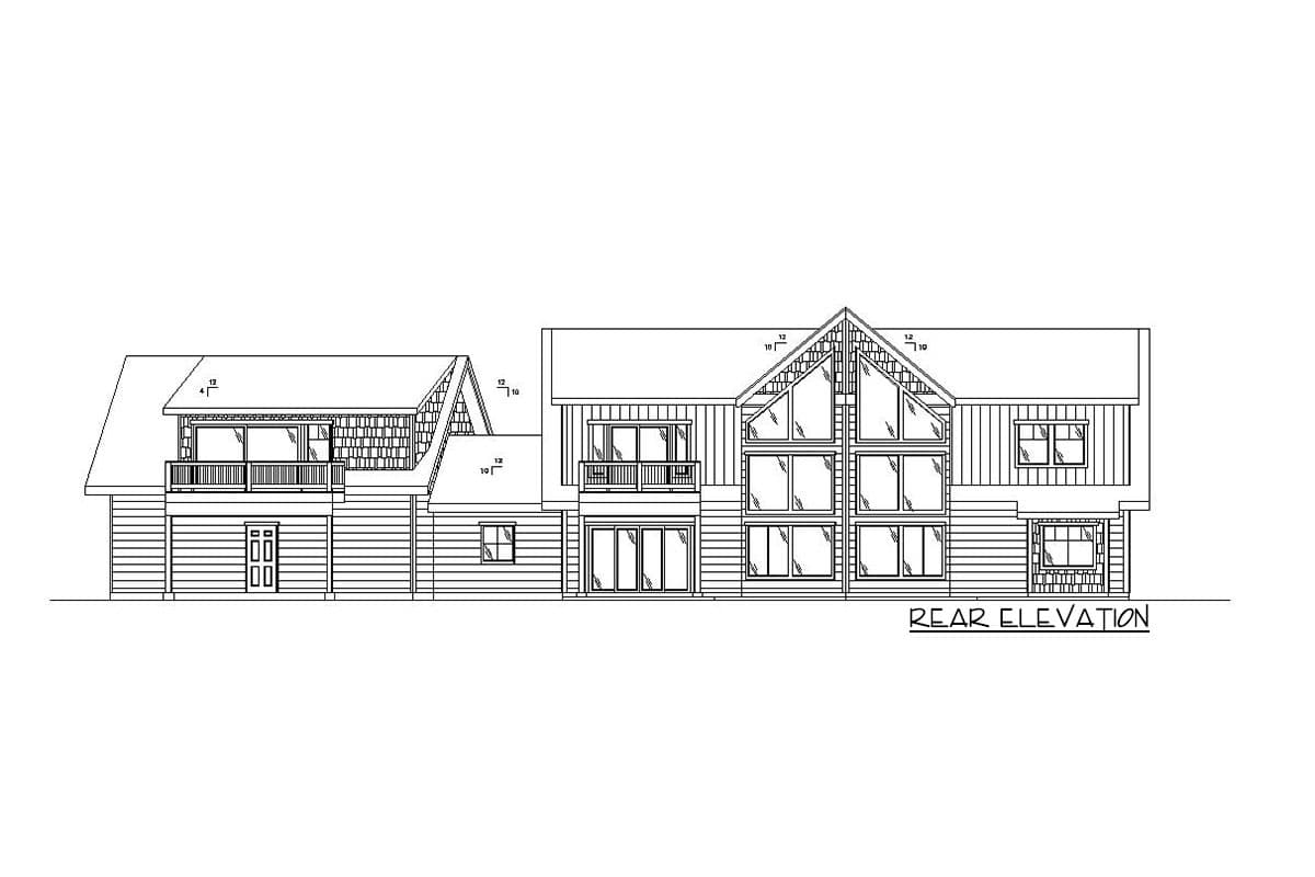 Rear elevation house plan with a two-story main section, large gable windows, and attached garage with balcony.