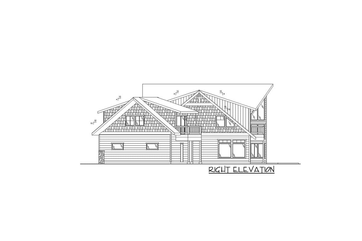 Right elevation house plan showing multi-story structure with varied rooflines, dormers, balconies, and horizontal siding.