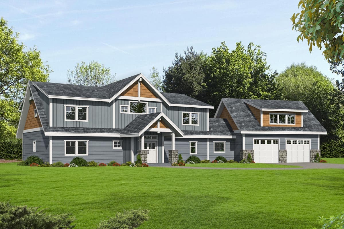 House plan exterior. Two-story Craftsman home with gabled roof, dormers, and a two-car garage. Features a covered porch and vertical siding.