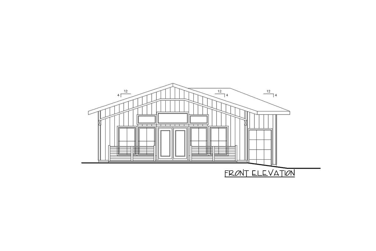 Front elevation drawing of a house with a steeply pitched gable roof, horizontal siding, a central double door, and a garage door.