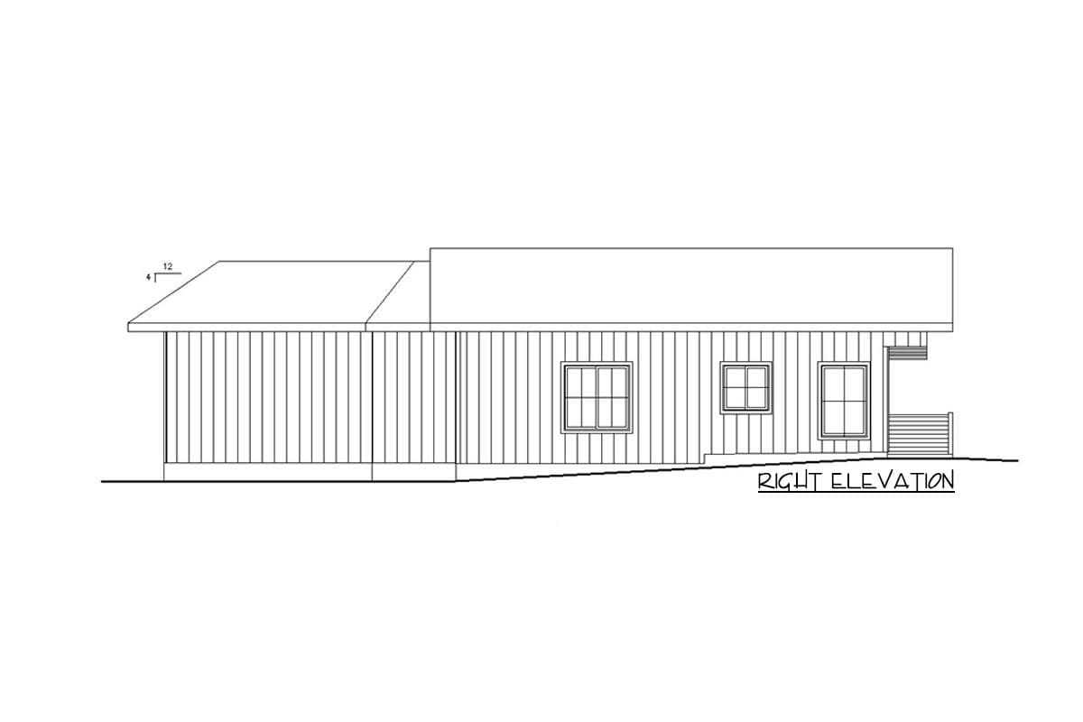House plan right elevation drawing showing a single-story structure with a covered porch and multiple windows.