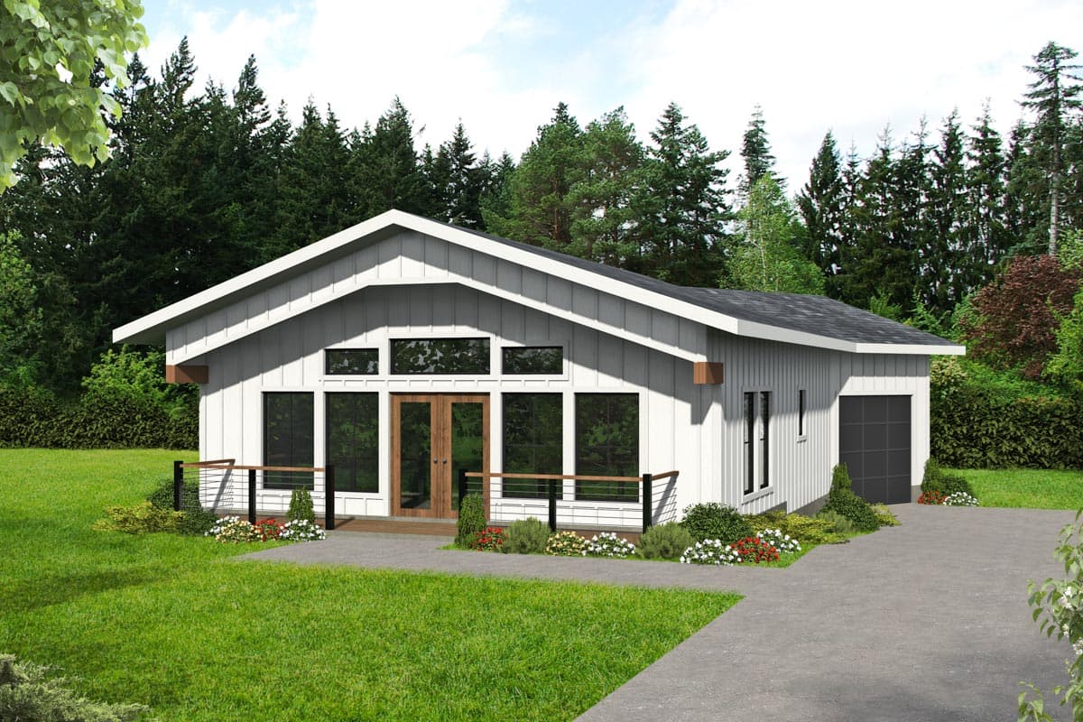 House plan exterior. Modern style, single-story home. Features include a gabled roof, large windows, and an attached garage.