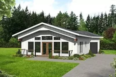 1-Bed House Plan with Angled 2-Car Garage in Back