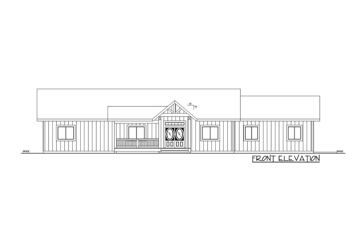 Front elevation drawing of a single-story house plan with a gabled entry, double doors, and covered porch.